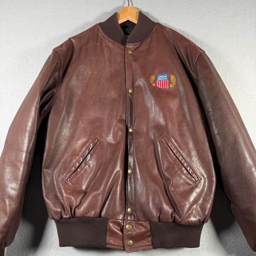 Western Associates Union Pacific Railroad Leather Bomber Jacket Brown Mens M USA